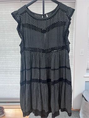 Free People Black & White Floral Lace Trim Tiered Mini Dress